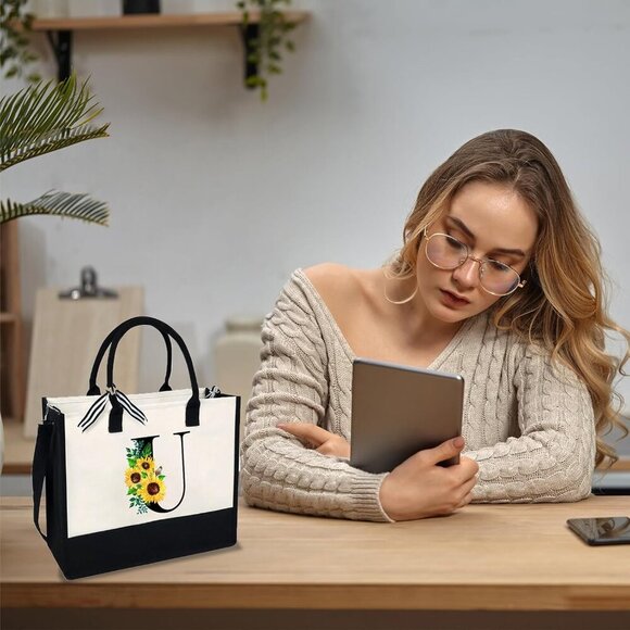 Sunflower Canvas Tote Bag Women with Zipper Pocket Large Capacity Durable - Picture 7 of 7